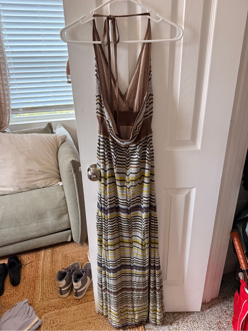 Vintage BCBGMaxAzria Striped Halter Maxi Dress in Brown, Olive and Cream - Picture 4 of 5